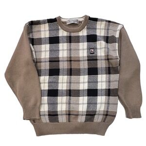 JOHN ASHFORD GOLF Men's Crew Neck Sweater Medium‎ Plaid Tan Preppy Golfer